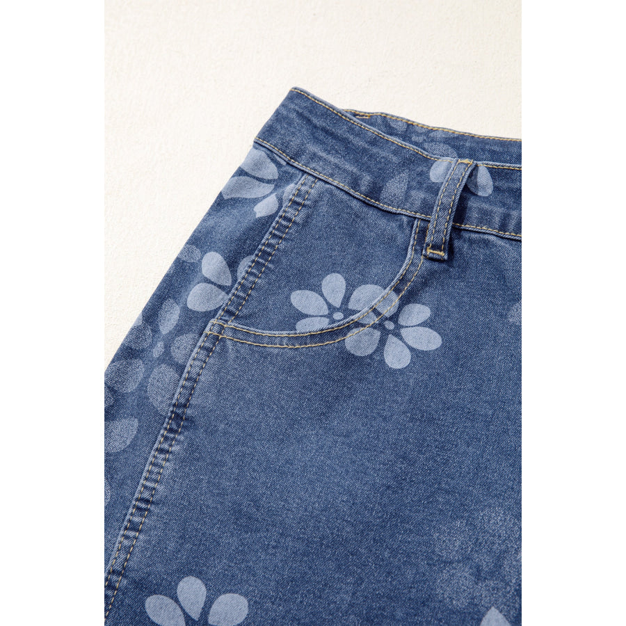Blue Floral Print Ankle Length Casual Pocket Jeans Bottoms/Jeans