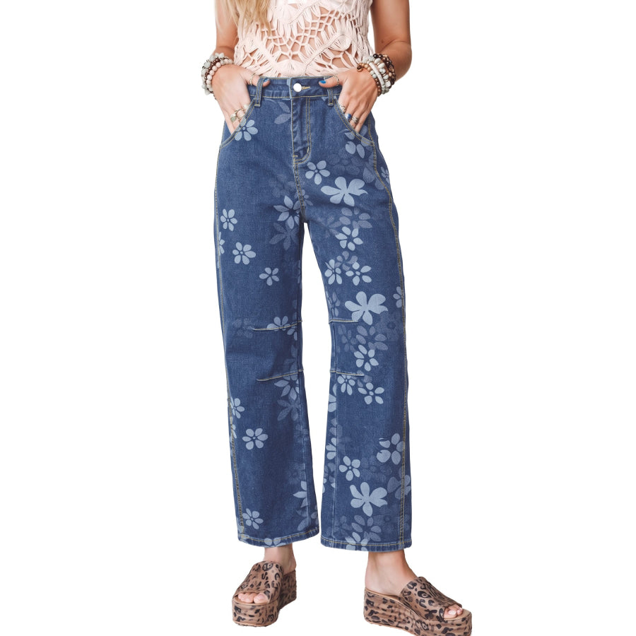 Blue Floral Print Ankle Length Casual Pocket Jeans Bottoms/Jeans