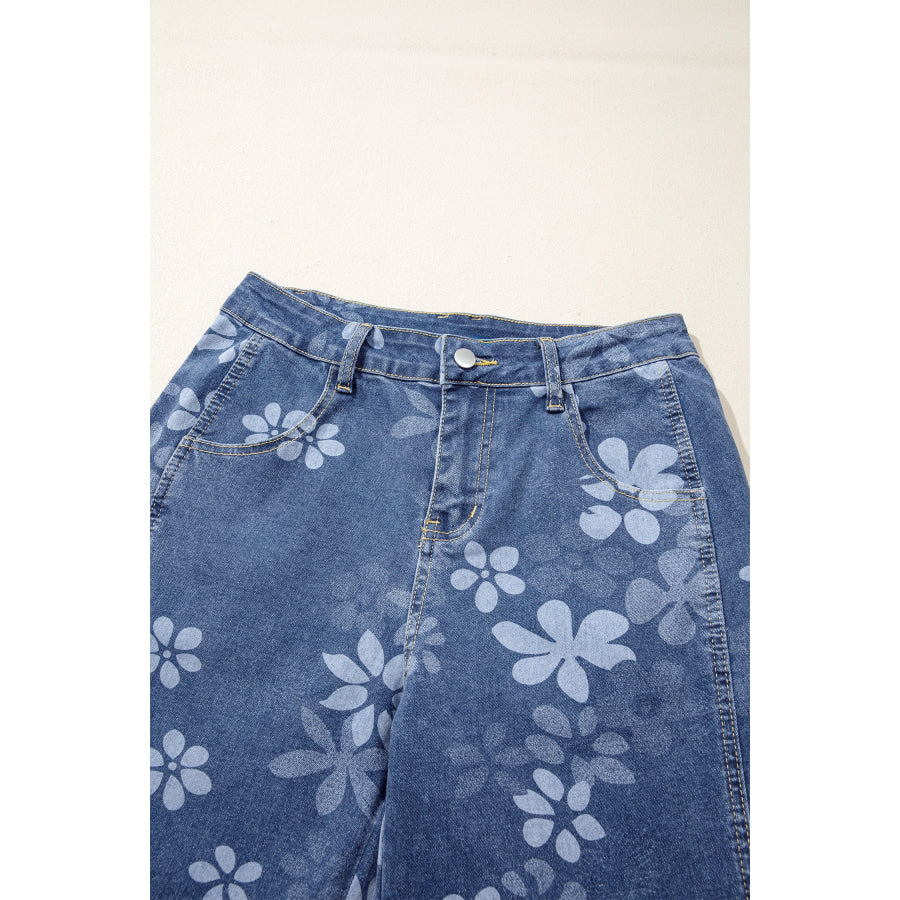 Blue Floral Print Ankle Length Casual Pocket Jeans Bottoms/Jeans