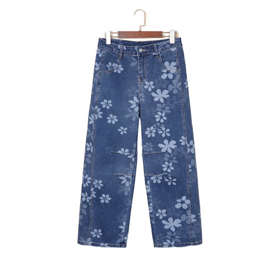 Blue Floral Print Ankle Length Casual Pocket Jeans Bottoms/Jeans