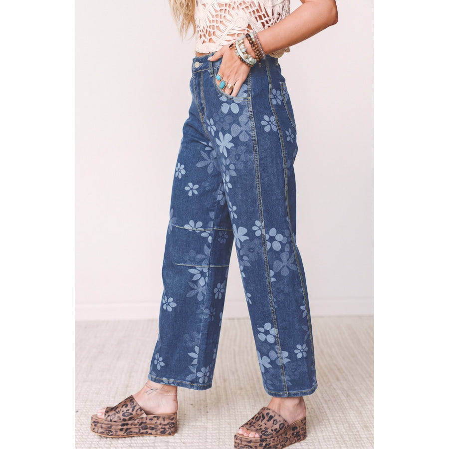 Blue Floral Print Ankle Length Casual Pocket Jeans Bottoms/Jeans