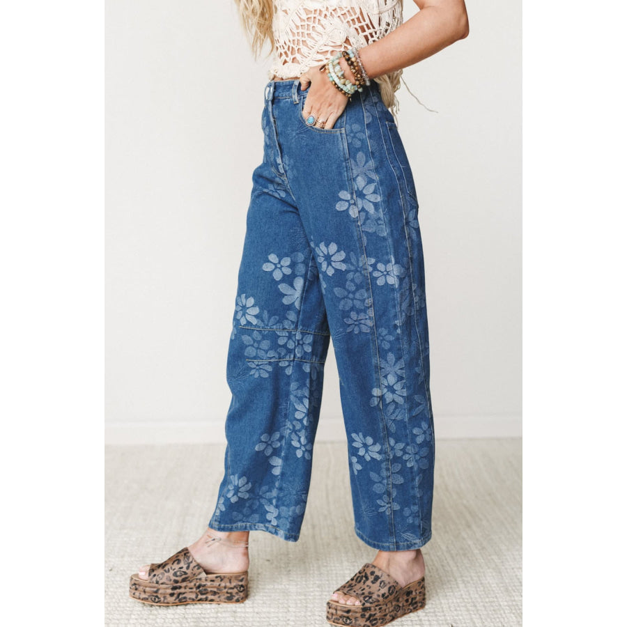 Blue Floral Print Ankle Length Casual Pocket Jeans Bottoms/Jeans