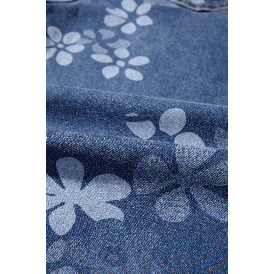 Blue Floral Print Ankle Length Casual Pocket Jeans Bottoms/Jeans