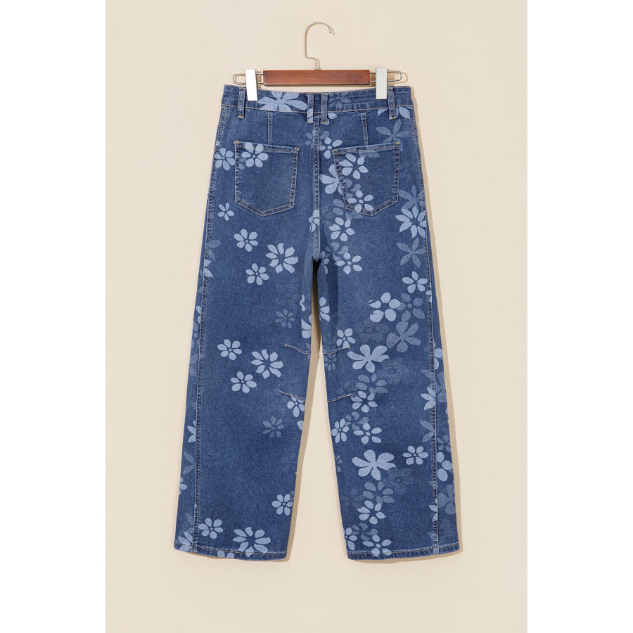 Blue Floral Print Ankle Length Casual Pocket Jeans Bottoms/Jeans