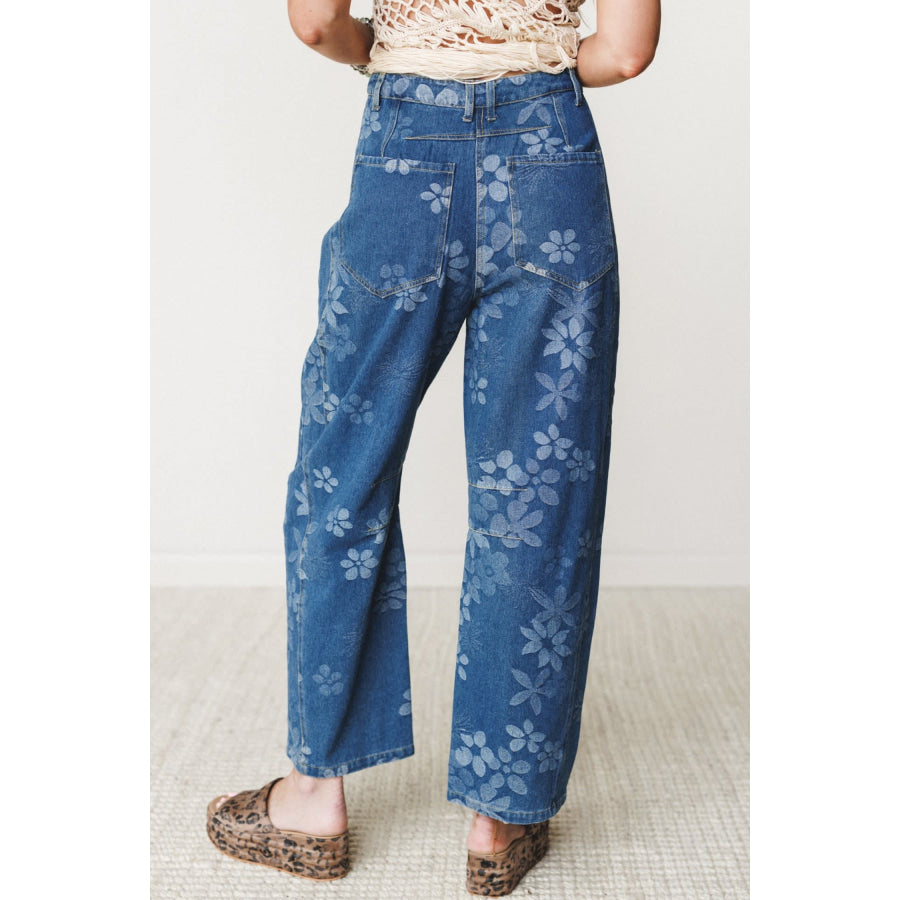 Blue Floral Print Ankle Length Casual Pocket Jeans Bottoms/Jeans