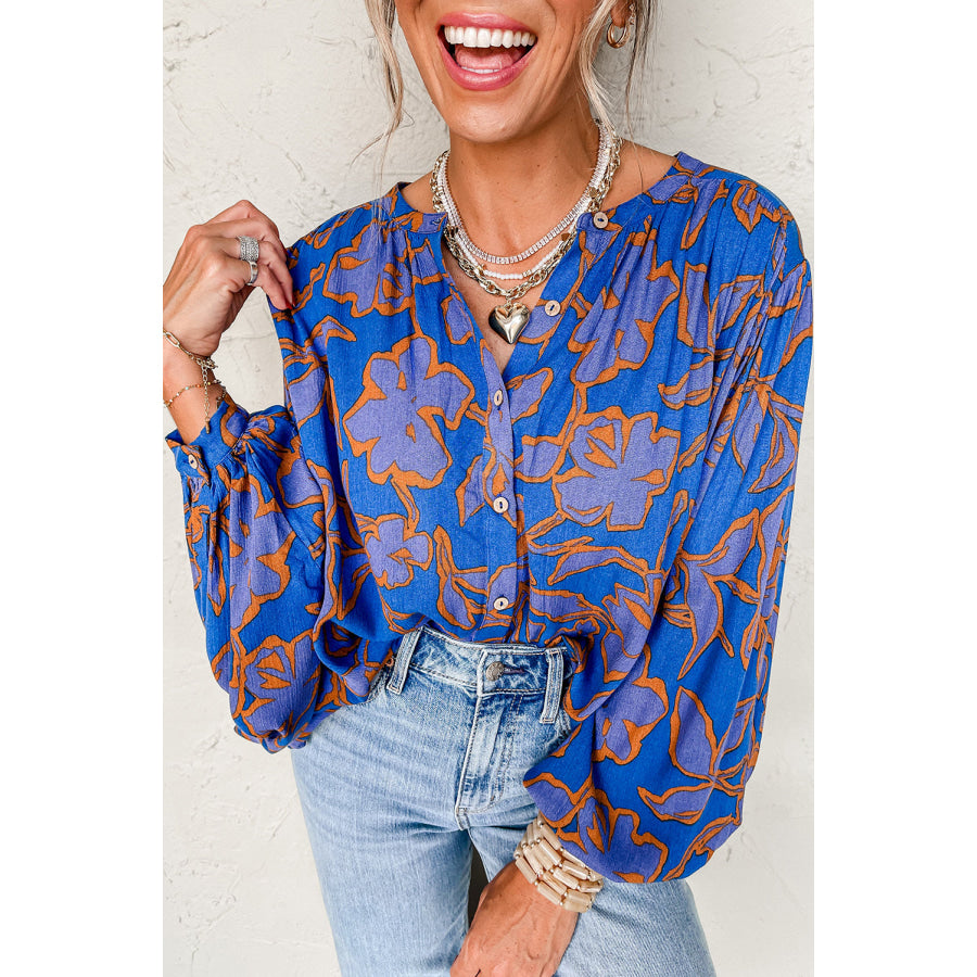 Blue Floral Print Batwing Sleeve Buttoned Loose Fit Shirt Blue / S / 100% Viscose Tops/Blouses & Shirts
