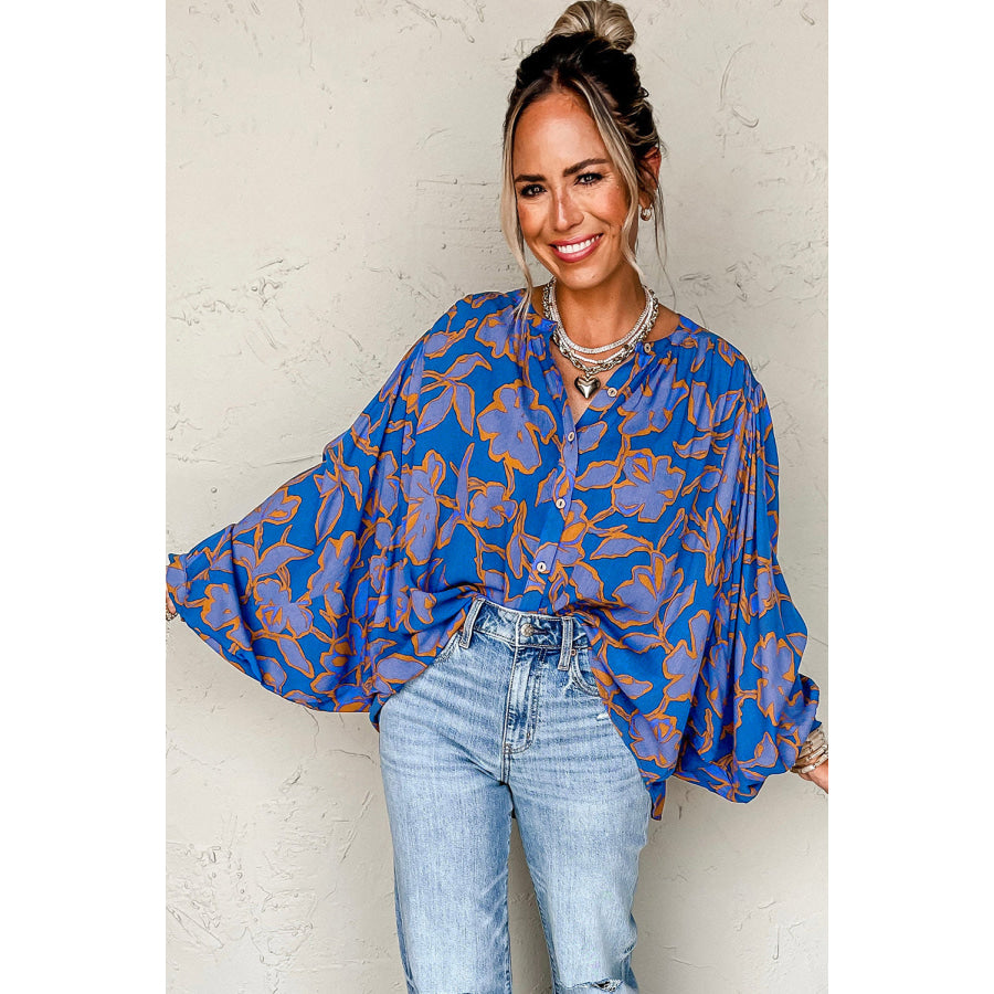 Blue Floral Print Batwing Sleeve Buttoned Loose Fit Shirt Tops/Blouses & Shirts