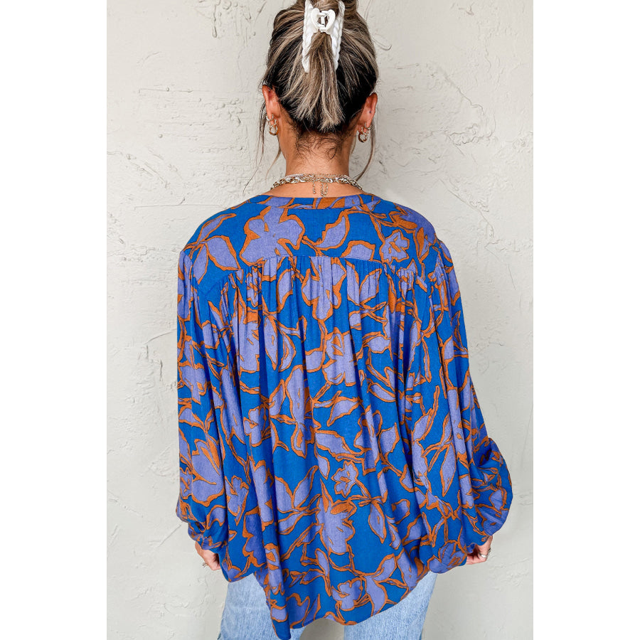 Blue Floral Print Batwing Sleeve Buttoned Loose Fit Shirt Tops/Blouses & Shirts