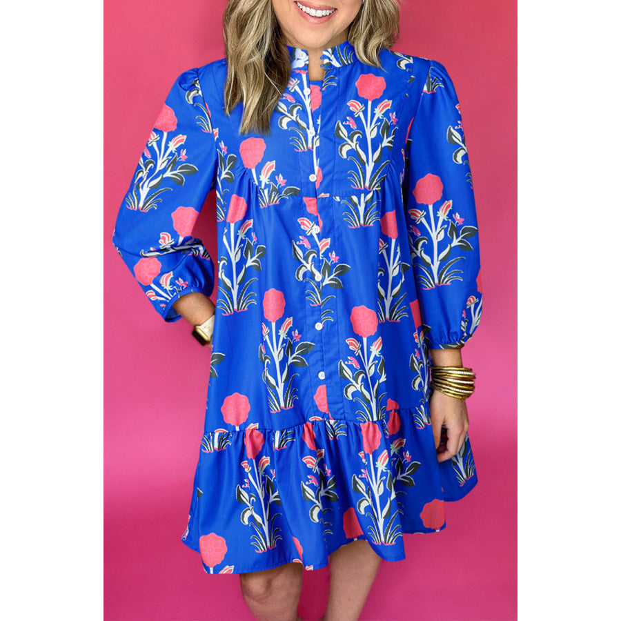 Blue Floral Print Button Detail 3/4 Puff Sleeve Ruffle Hem Dress Dresses/Floral Dresses