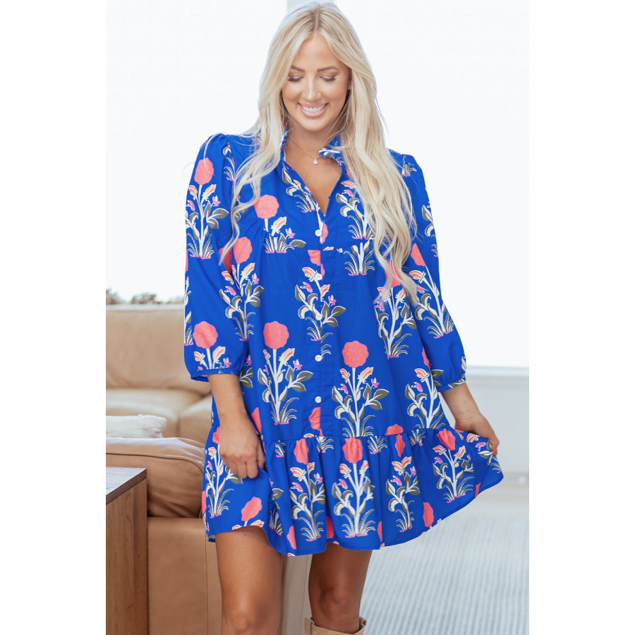 Blue Floral Print Button Detail 3/4 Puff Sleeve Ruffle Hem Dress Dresses/Floral Dresses