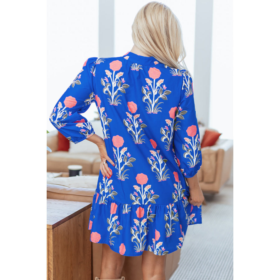 Blue Floral Print Button Detail 3/4 Puff Sleeve Ruffle Hem Dress Dresses/Floral Dresses