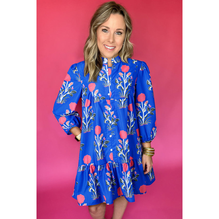Blue Floral Print Button Detail 3/4 Puff Sleeve Ruffle Hem Dress Dresses/Floral Dresses