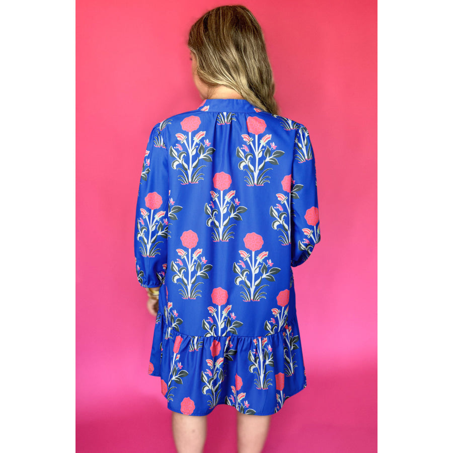 Blue Floral Print Button Detail 3/4 Puff Sleeve Ruffle Hem Dress Dresses/Floral Dresses