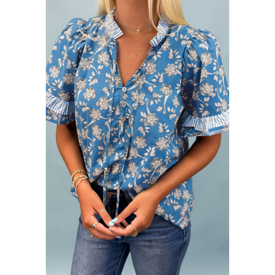 Blue Floral Print Button Tie Neck Striped Detail Short Sleeve Blouse Blue / S / 100% Cotton Tops/Blouses & Shirts