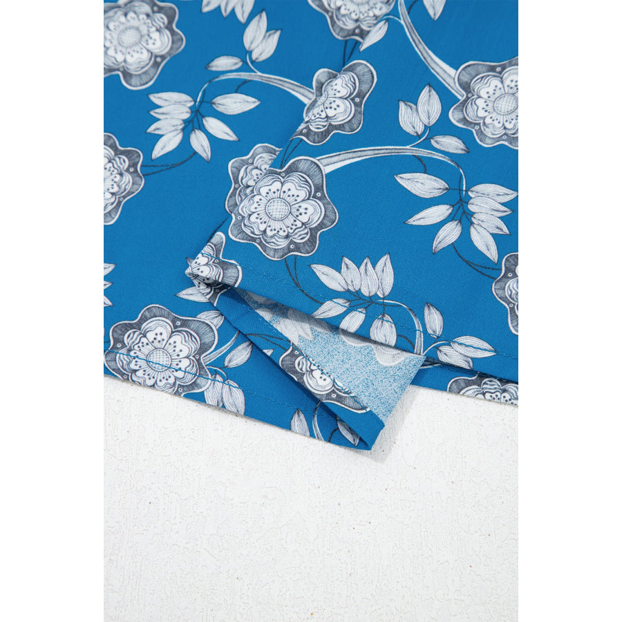 Blue Floral Print Button Tie Neck Striped Detail Short Sleeve Blouse Tops/Blouses & Shirts