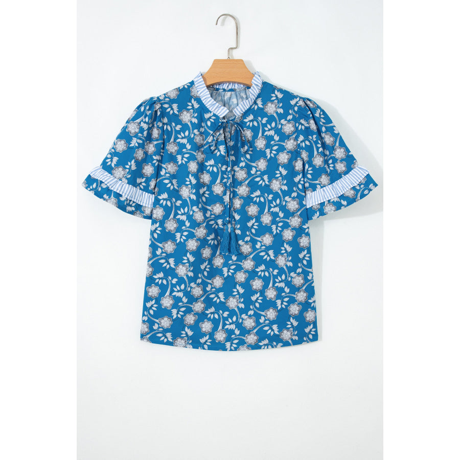 Blue Floral Print Button Tie Neck Striped Detail Short Sleeve Blouse Tops/Blouses & Shirts