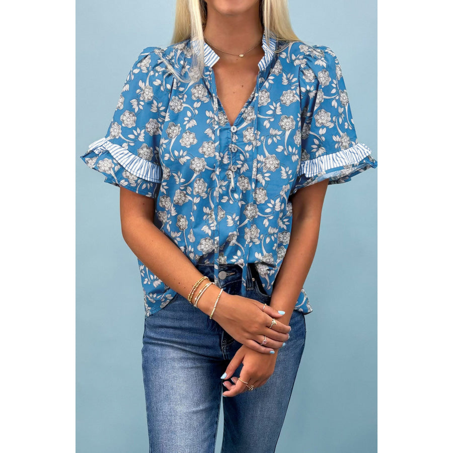 Blue Floral Print Button Tie Neck Striped Detail Short Sleeve Blouse Tops/Blouses & Shirts