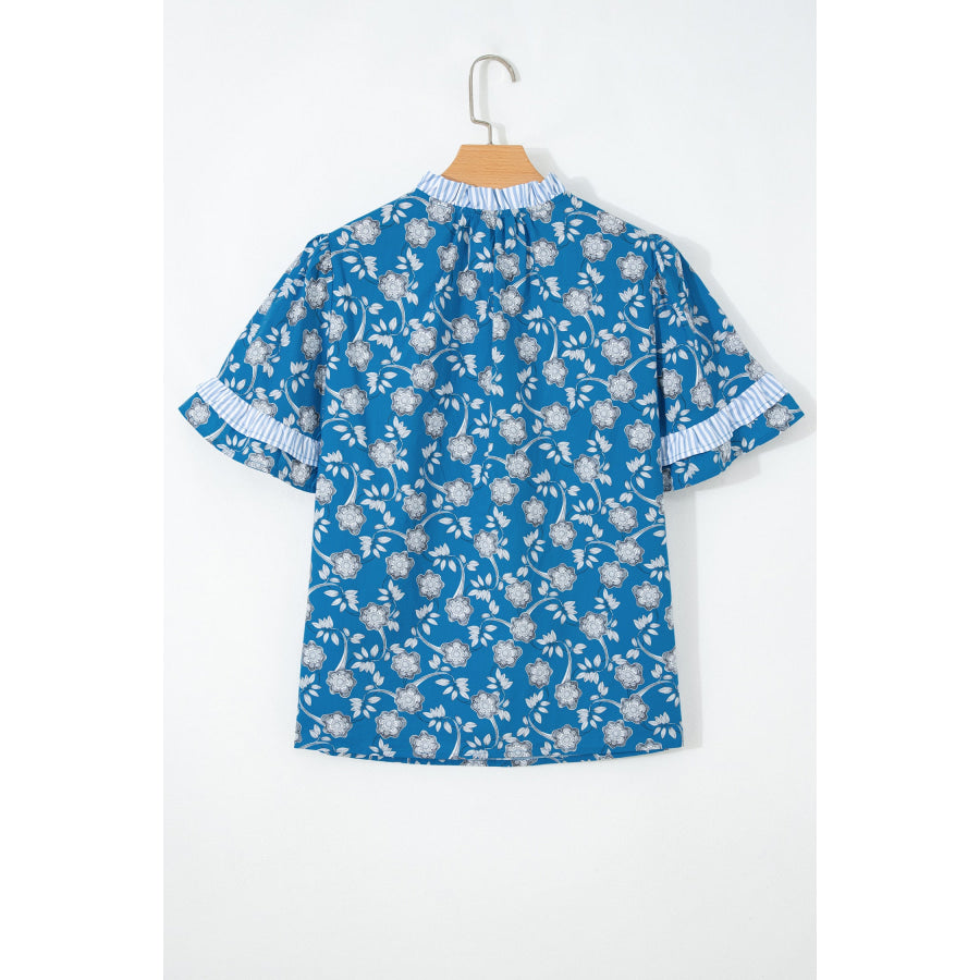 Blue Floral Print Button Tie Neck Striped Detail Short Sleeve Blouse Tops/Blouses & Shirts
