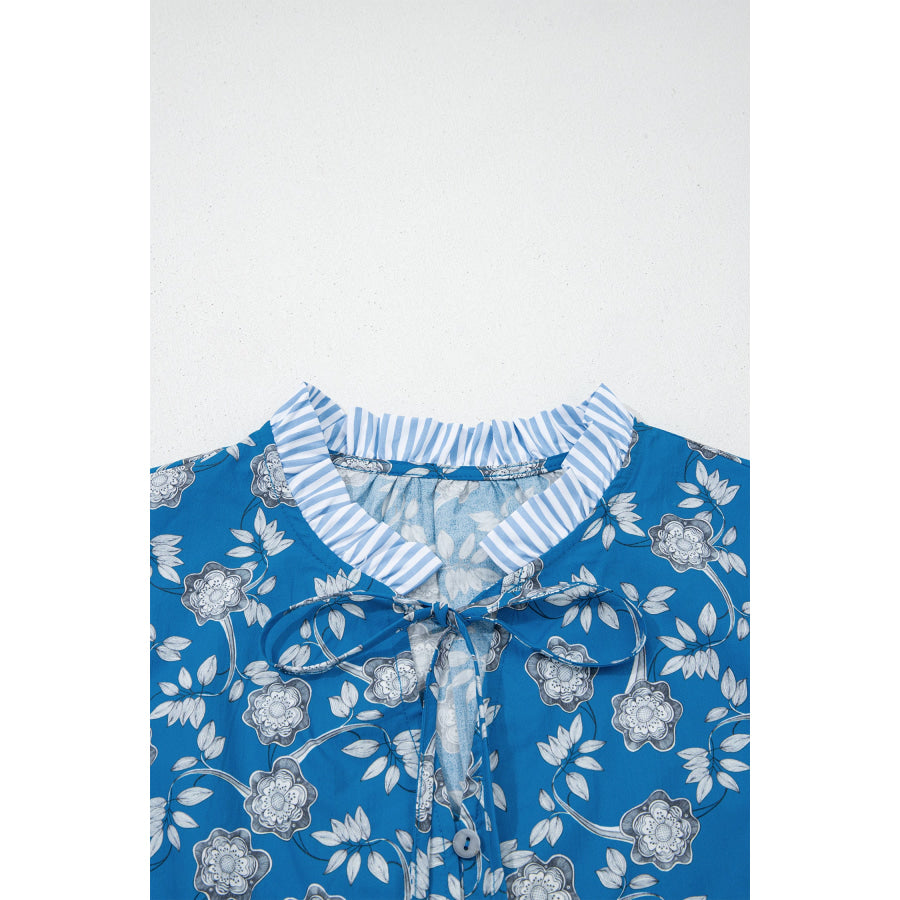 Blue Floral Print Button Tie Neck Striped Detail Short Sleeve Blouse Tops/Blouses & Shirts
