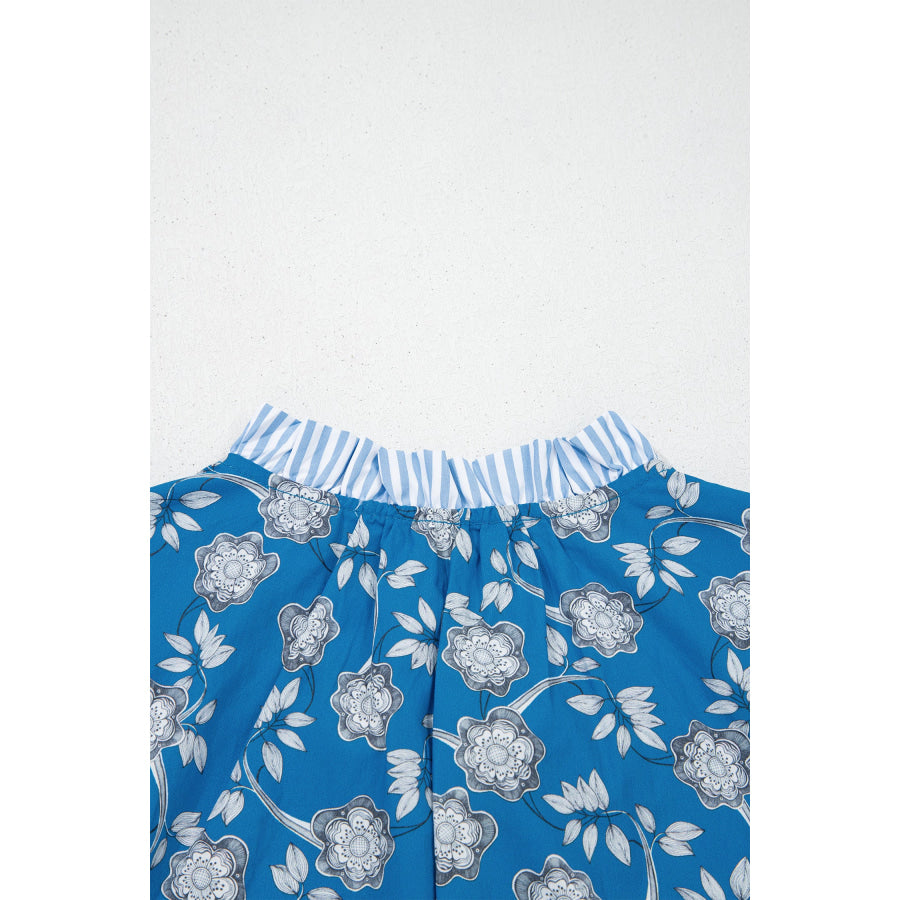 Blue Floral Print Button Tie Neck Striped Detail Short Sleeve Blouse Tops/Blouses & Shirts
