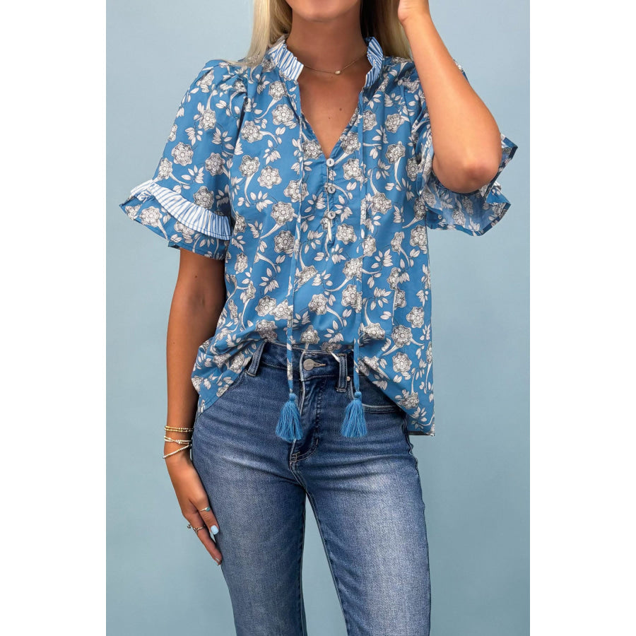 Blue Floral Print Button Tie Neck Striped Detail Short Sleeve Blouse Tops/Blouses & Shirts