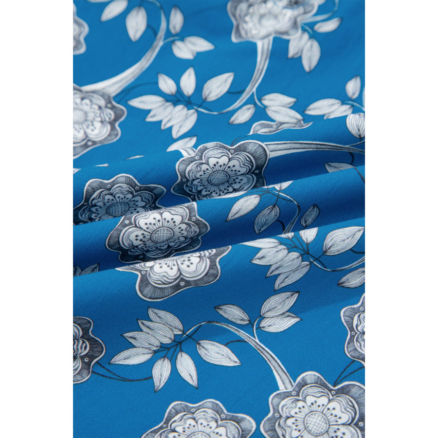Blue Floral Print Button Tie Neck Striped Detail Short Sleeve Blouse Tops/Blouses & Shirts