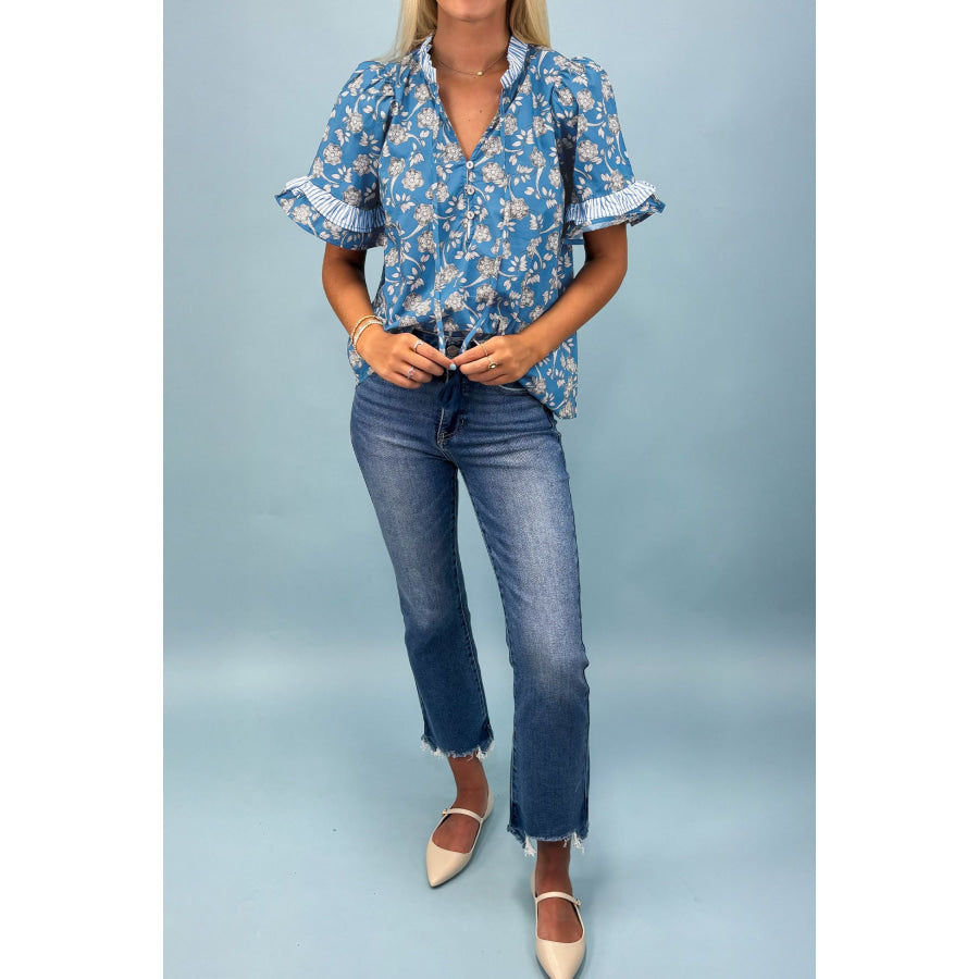 Blue Floral Print Button Tie Neck Striped Detail Short Sleeve Blouse Tops/Blouses & Shirts