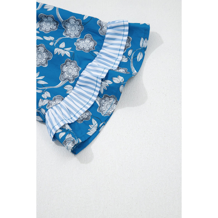 Blue Floral Print Button Tie Neck Striped Detail Short Sleeve Blouse Tops/Blouses & Shirts
