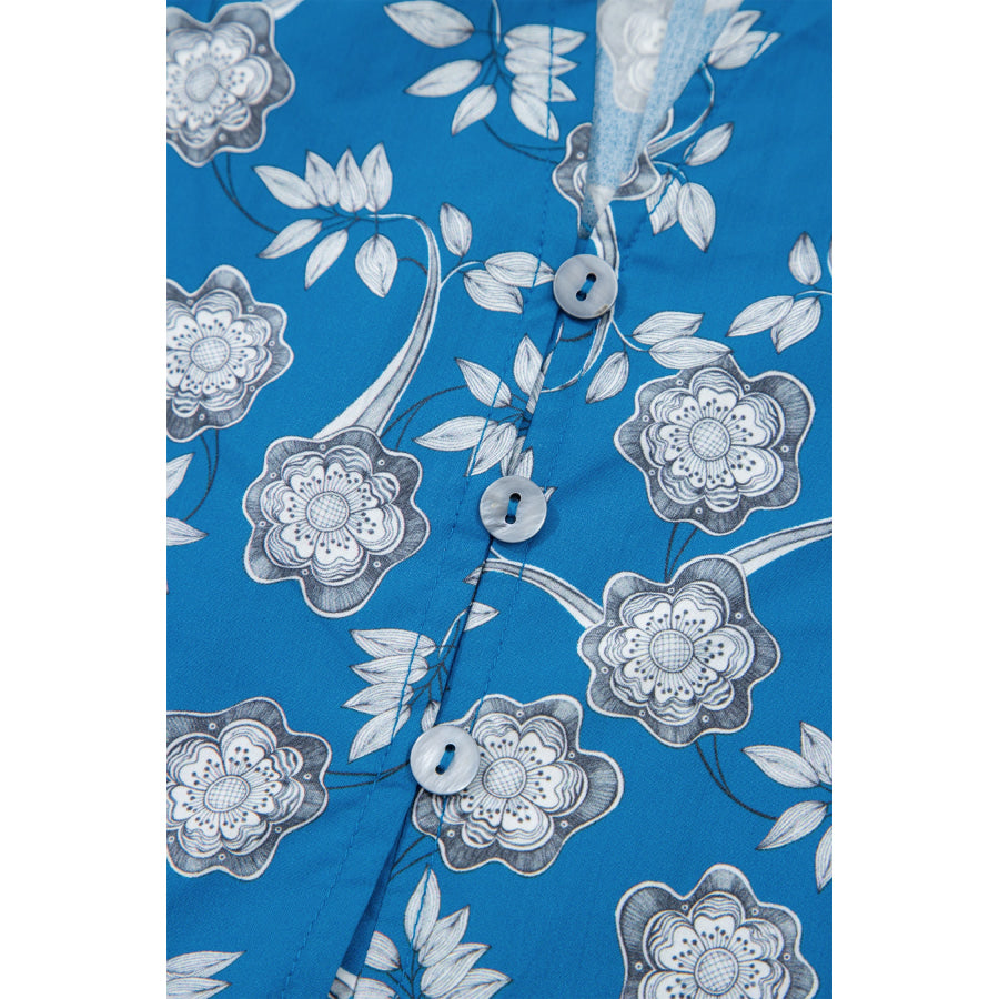 Blue Floral Print Button Tie Neck Striped Detail Short Sleeve Blouse Tops/Blouses & Shirts