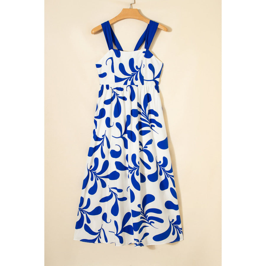 Blue Floral Print Crisscross Tie Back Sleeveless Long Dress Dresses/Maxi Dresses