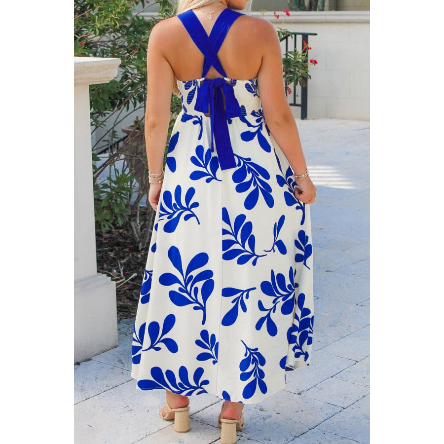 Blue Floral Print Crisscross Tie Back Sleeveless Long Dress Dresses/Maxi Dresses