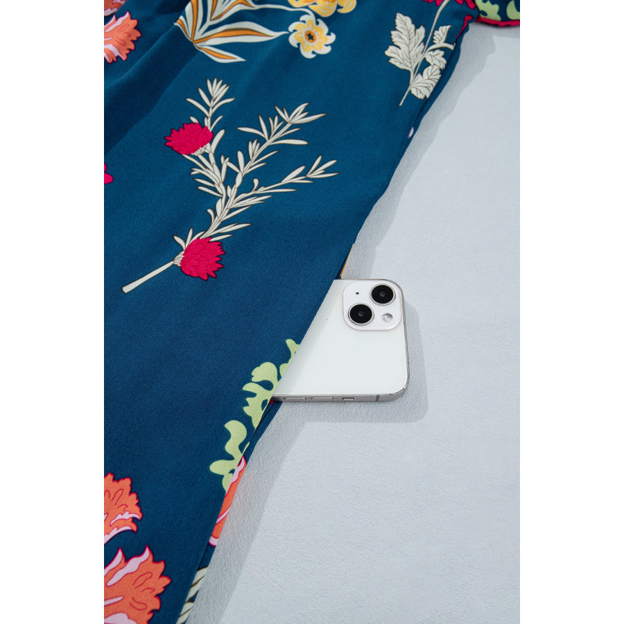 Blue Floral Print Gathered Neckline 7/8 Sleeve Casual Midi Dress Dresses/Floral Dresses