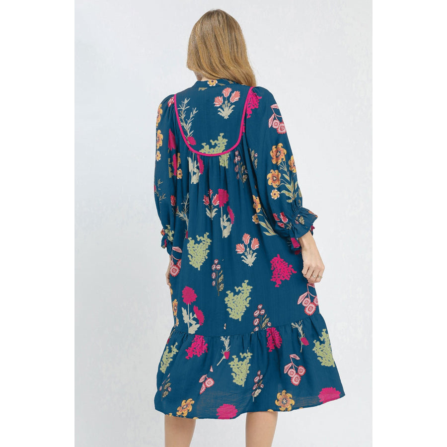 Blue Floral Print Gathered Neckline 7/8 Sleeve Casual Midi Dress Dresses/Floral Dresses