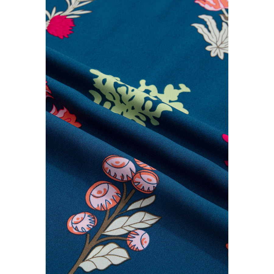 Blue Floral Print Gathered Neckline 7/8 Sleeve Casual Midi Dress Dresses/Floral Dresses
