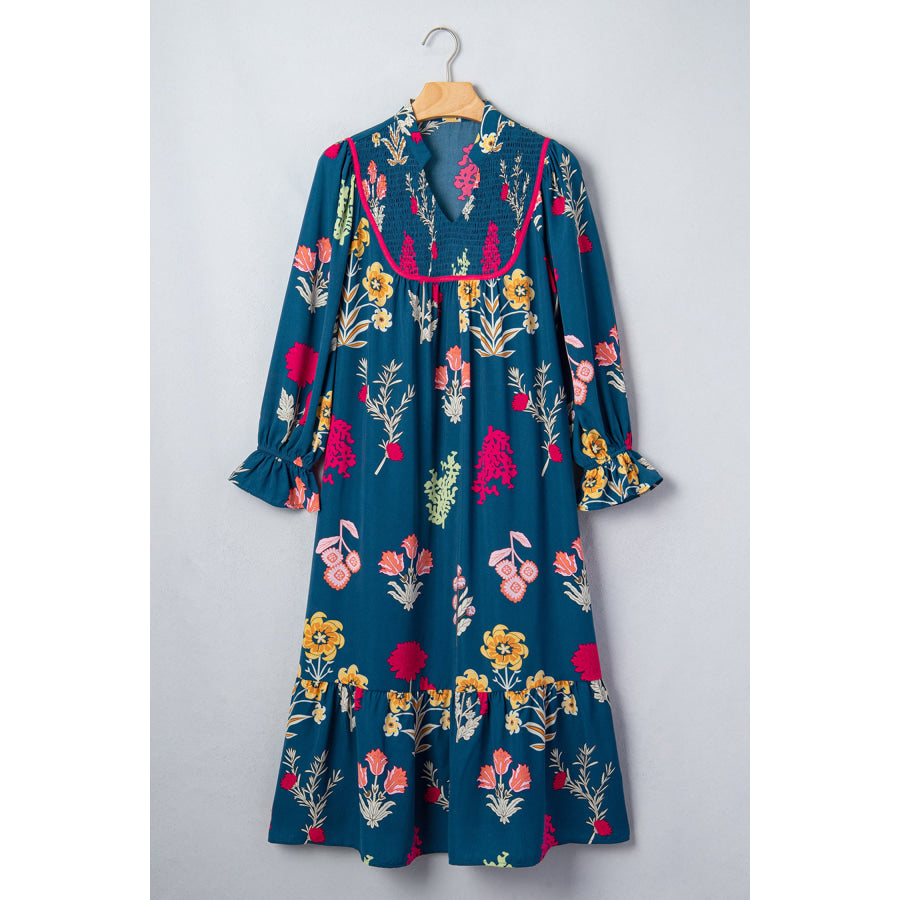 Blue Floral Print Gathered Neckline 7/8 Sleeve Casual Midi Dress Dresses/Floral Dresses