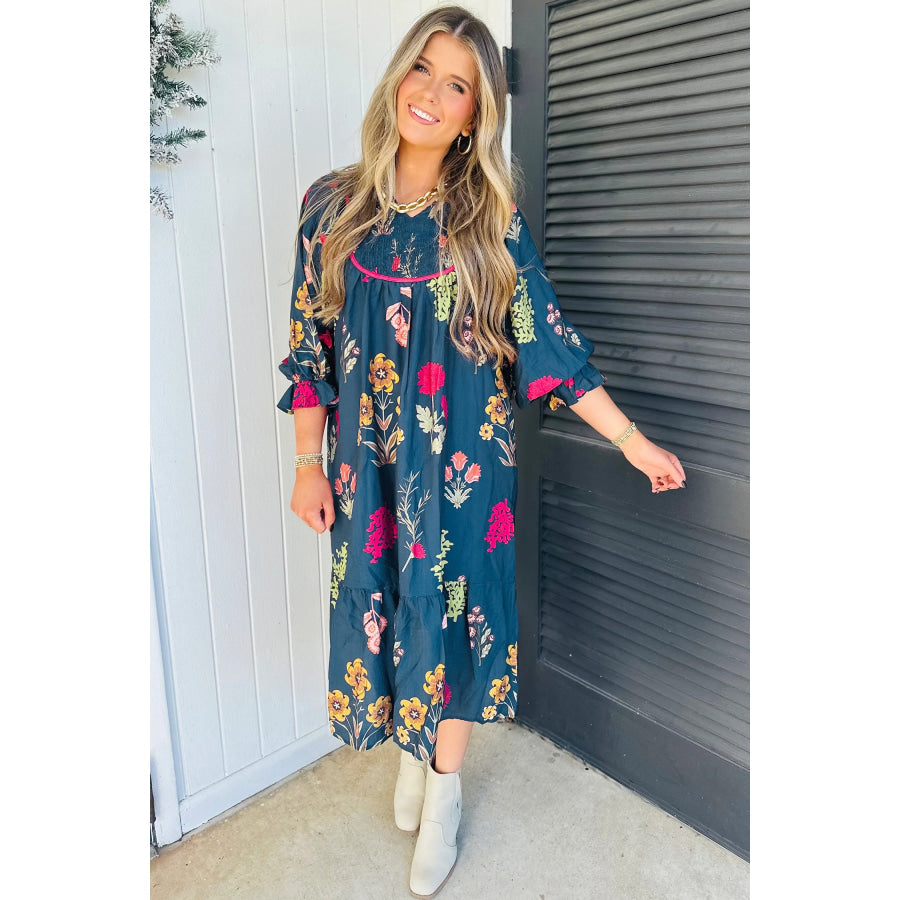 Blue Floral Print Gathered Neckline 7/8 Sleeve Casual Midi Dress Dresses/Floral Dresses