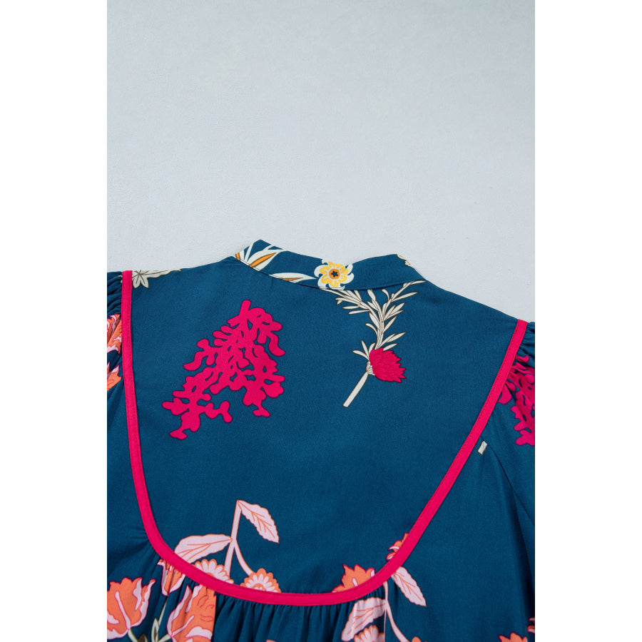 Blue Floral Print Gathered Neckline 7/8 Sleeve Casual Midi Dress Dresses/Floral Dresses