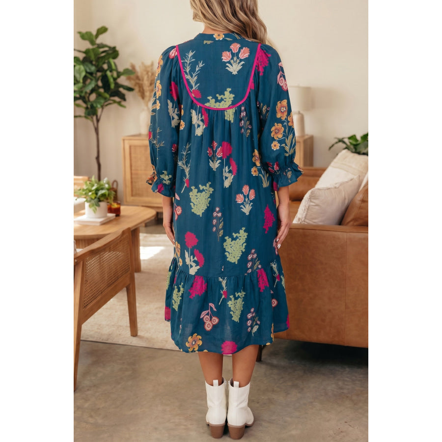 Blue Floral Print Gathered Neckline 7/8 Sleeve Casual Midi Dress Dresses/Floral Dresses