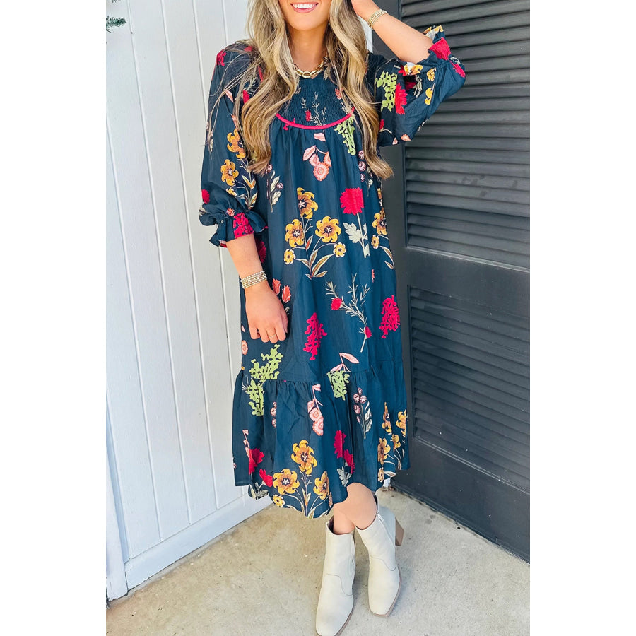 Blue Floral Print Gathered Neckline 7/8 Sleeve Casual Midi Dress Dresses/Floral Dresses