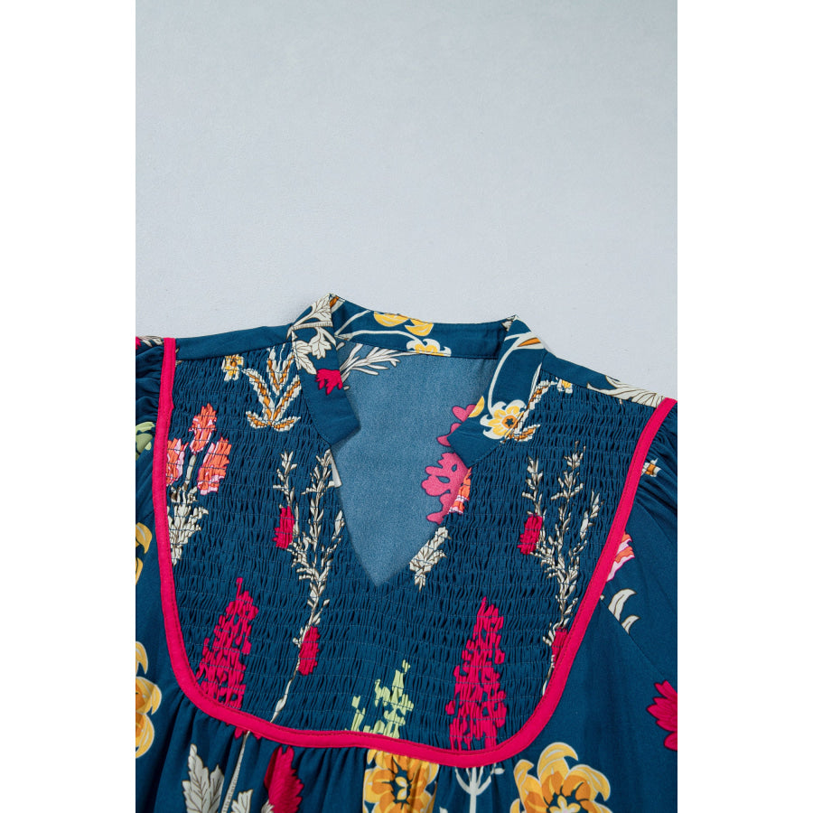 Blue Floral Print Gathered Neckline 7/8 Sleeve Casual Midi Dress Dresses/Floral Dresses