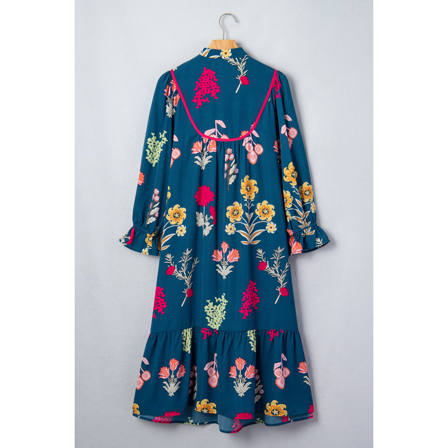Blue Floral Print Gathered Neckline 7/8 Sleeve Casual Midi Dress Dresses/Floral Dresses