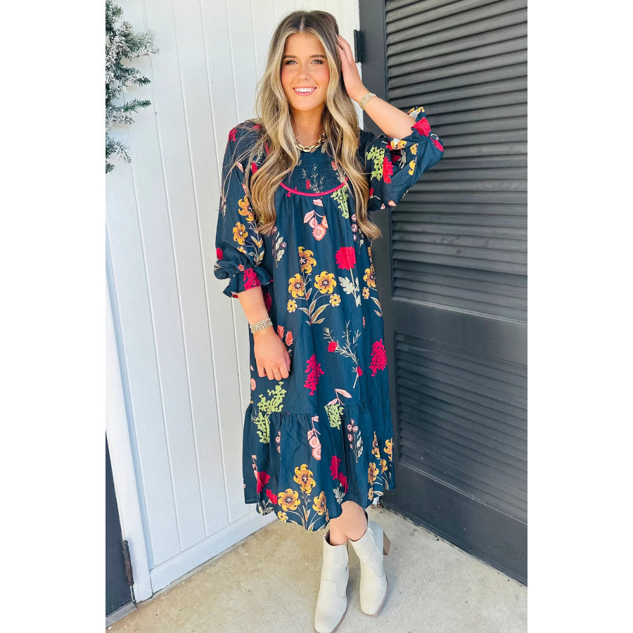 Blue Floral Print Gathered Neckline 7/8 Sleeve Casual Midi Dress Dresses/Floral Dresses