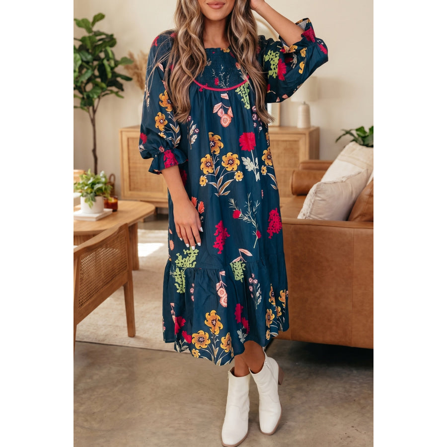 Blue Floral Print Gathered Neckline 7/8 Sleeve Casual Midi Dress Blue / S / 100% Polyester Dresses/Floral Dresses