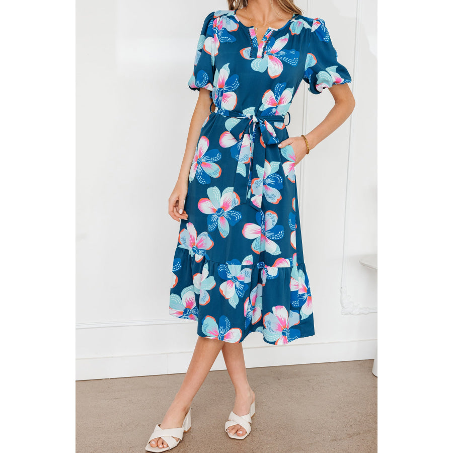 Blue Floral Print Short Puff Sleeve Ruffle Hem Belted Long Dress Dresses/Floral Dresses