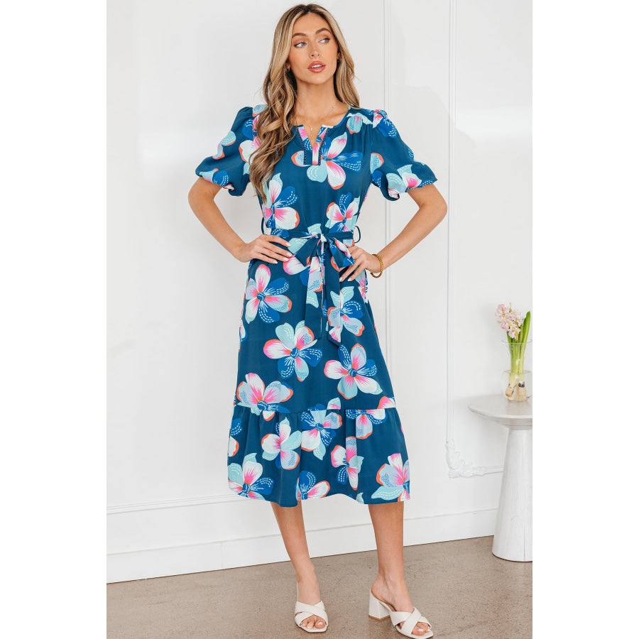 Blue Floral Print Short Puff Sleeve Ruffle Hem Belted Long Dress Dresses/Floral Dresses