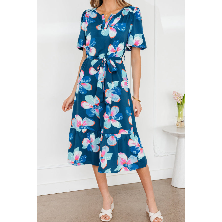 Blue Floral Print Short Puff Sleeve Ruffle Hem Belted Long Dress Dresses/Floral Dresses