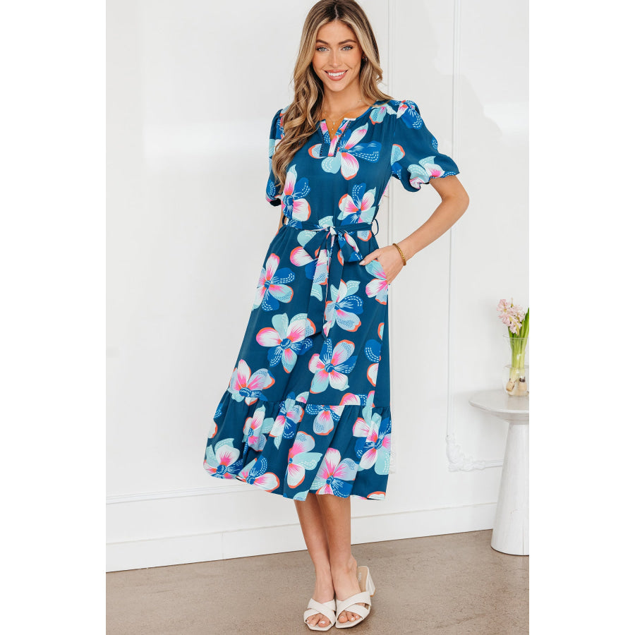 Blue Floral Print Short Puff Sleeve Ruffle Hem Belted Long Dress Dresses/Floral Dresses