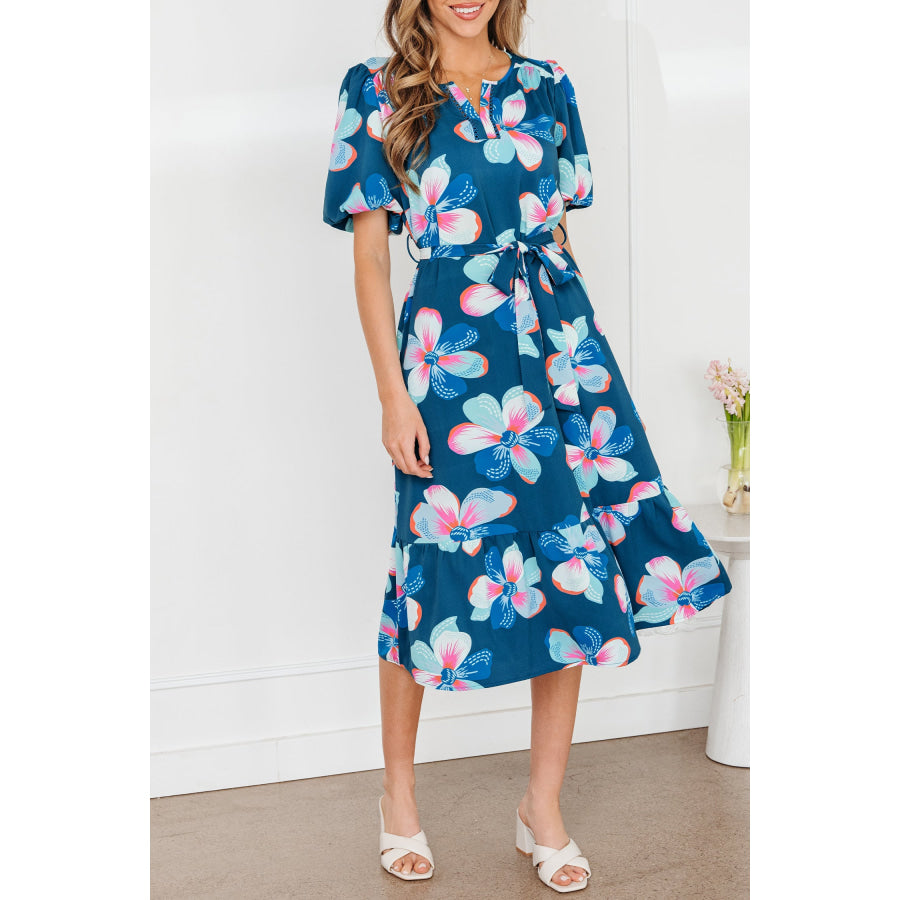 Blue Floral Print Short Puff Sleeve Ruffle Hem Belted Long Dress Dresses/Floral Dresses