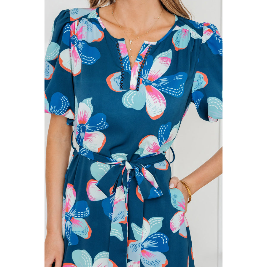 Blue Floral Print Short Puff Sleeve Ruffle Hem Belted Long Dress Dresses/Floral Dresses