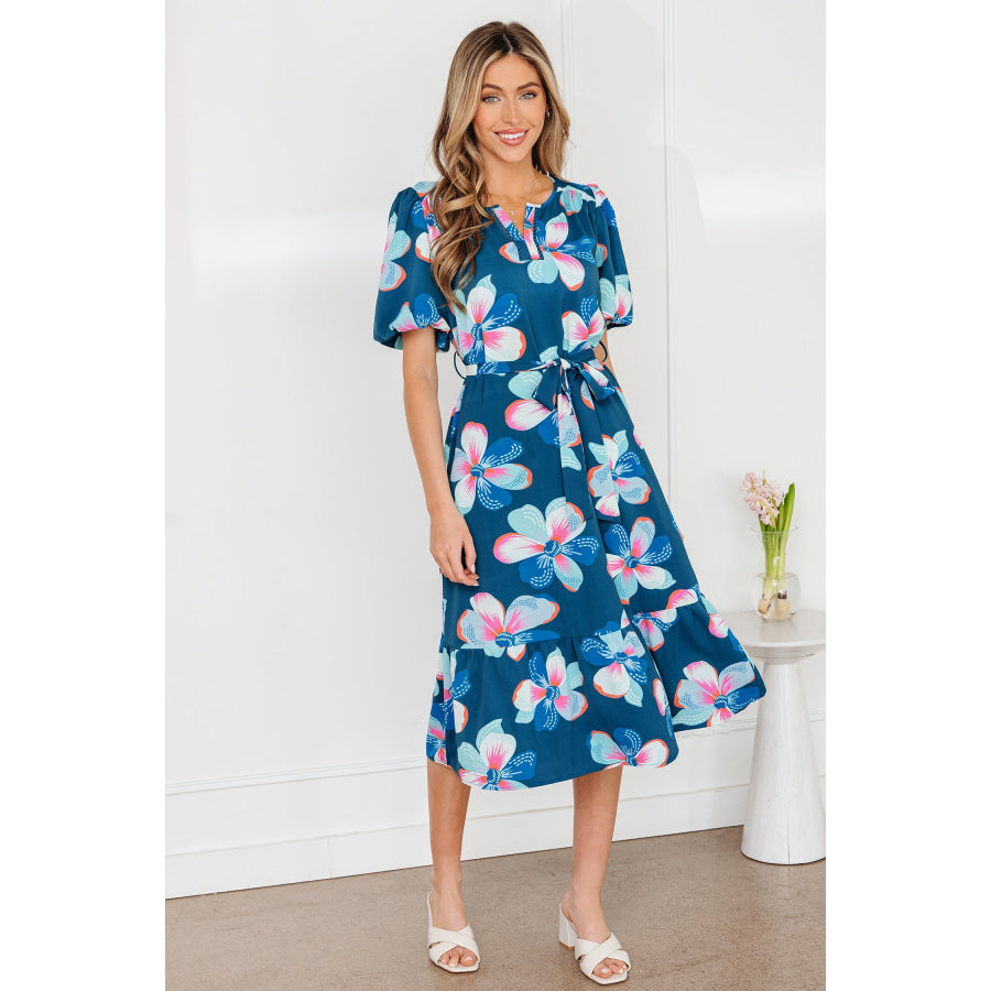 Blue Floral Print Short Puff Sleeve Ruffle Hem Belted Long Dress Blue / S / 100% Polyester Dresses/Floral Dresses